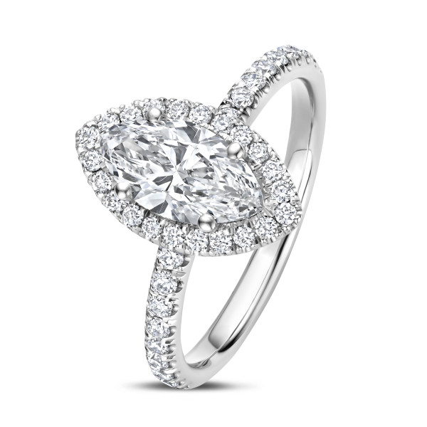 Search all PLP - 2.00 karaat halo solitaire ring met Marquise lab grown diamant in wit goud met ronde lab grown diamanten