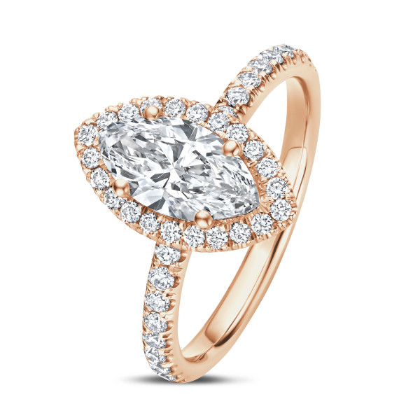 3.00 karaat halo solitaire ring met Marquise lab grown diamant in rood goud met ronde lab grown diamanten