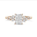 1.20 karaat solitaire clusterring in rood goud met een radiant slijpvorm diamant