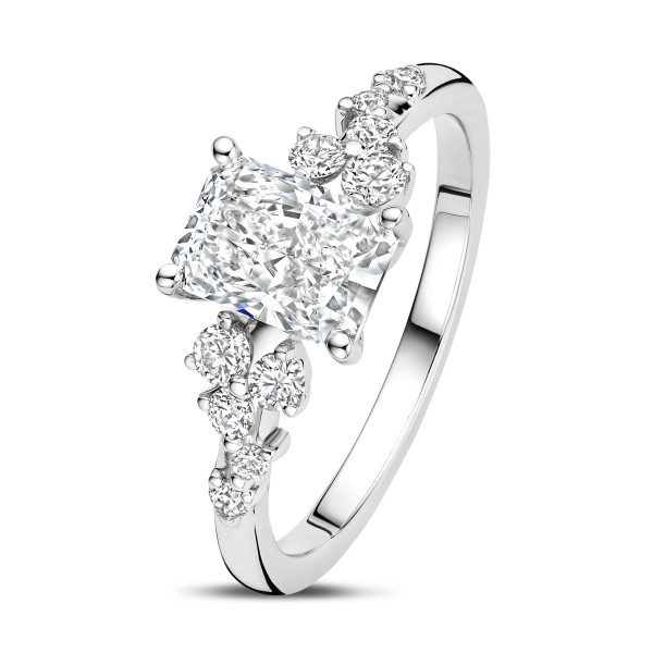 1.50 karaat solitaire clusterring in wit goud met een radiant slijpvorm diamant