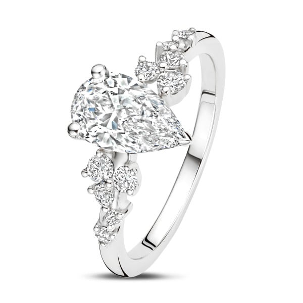 Verlovingsringen - 1.00 karaat solitaire clusterring in wit goud met een peervorm diamant