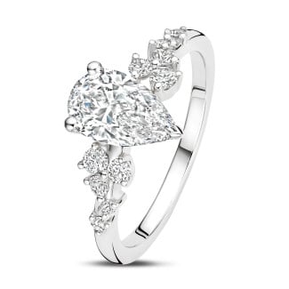 2.00 karaat solitaire clusterring in wit goud met een peervorm diamant