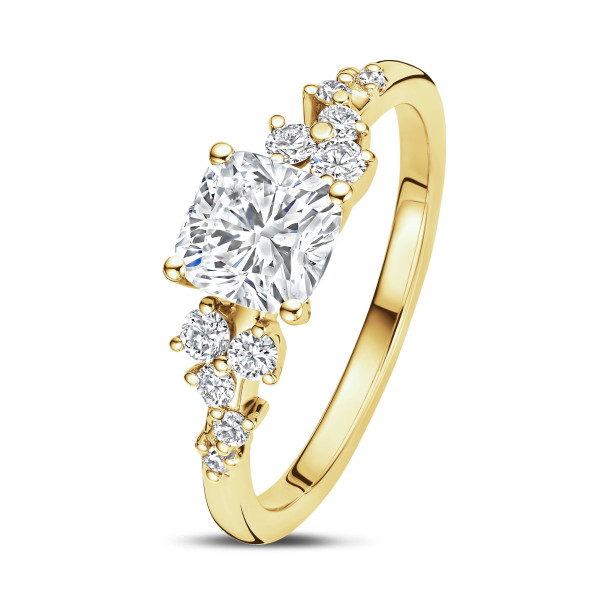 Search all PLP - 1.00 karaat solitaire clusterring in geel goud met een cushion slijpvorm diamant