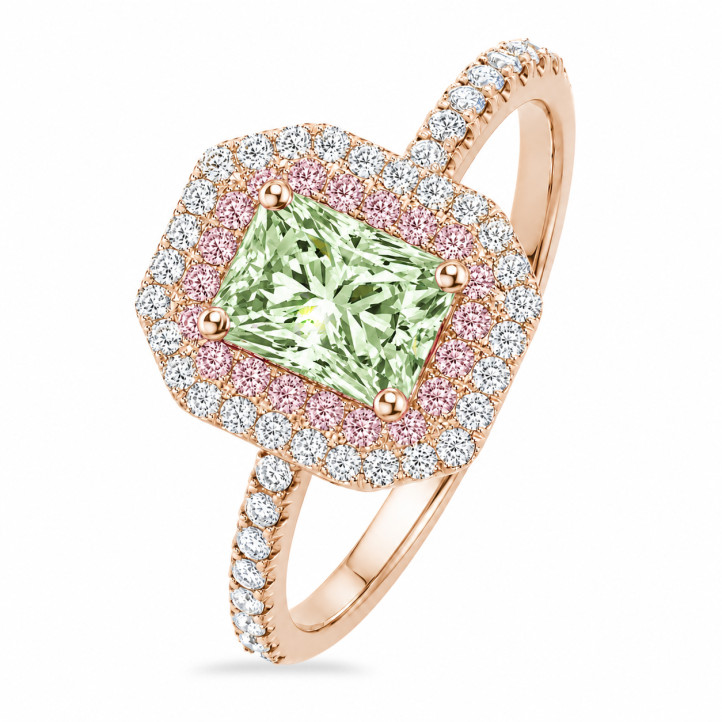 1.20 karaat dubbele halo ring met een lab-grown Fancy-Vivid Green radiant geslepen diamant in rood goud