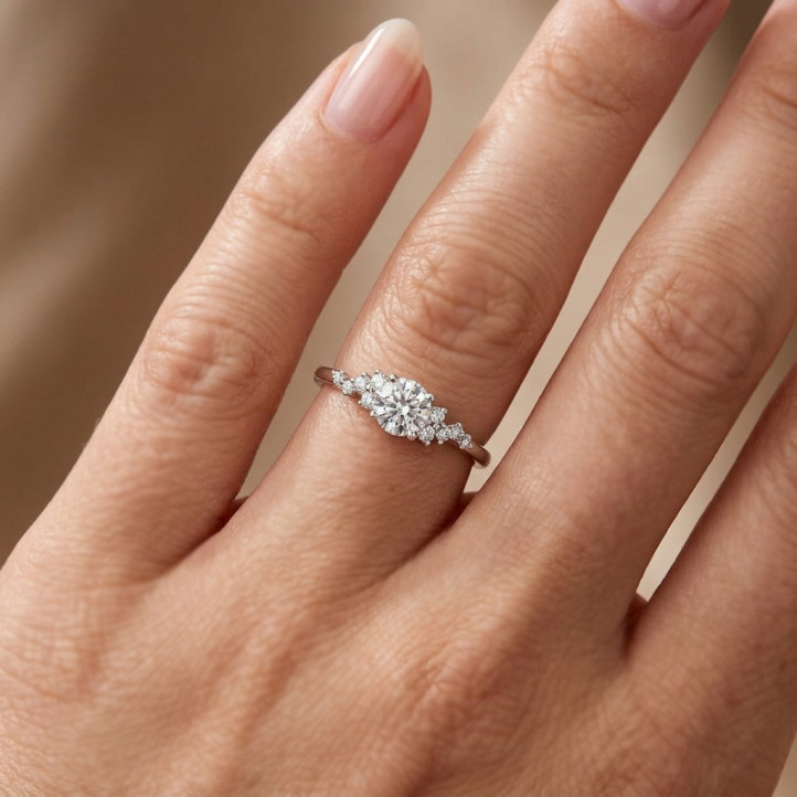 1.20 karaat solitaire clusterring in witgoud met een ronde diamant