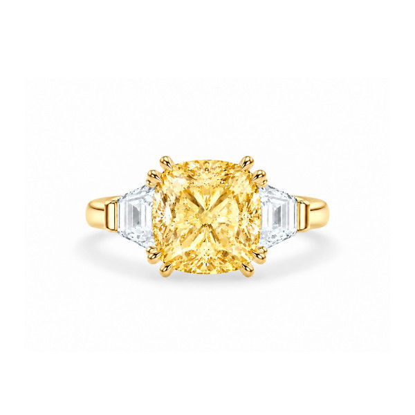 Op maat gemaakte trilogie-ring met een gele diamant in cushion cut