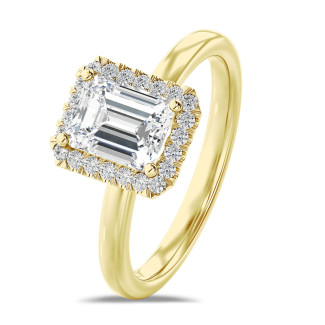 5.00 karat tektaş halo yüzük, laboratuvarda yetiştirilmiş zümrüt kesim pırlanta ile sarı altın, laboratuvarda yetiştirilmiş yuvarlak pırlanta