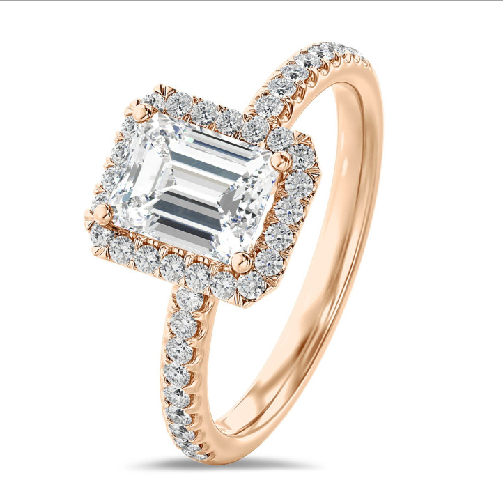 2.00克拉Halo光环祖母绿切工围镶培育单钻玫瑰金戒指