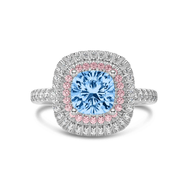 double halo ring with blue diamond